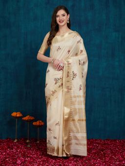 SERONA FABRICS - Cream Cotton Silk Embroidered Handloom Saree With Unstitched Blouse