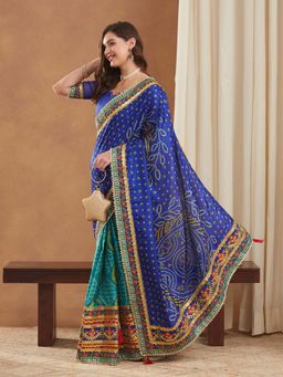 SERONA FABRICS - Blue Silk Bandhani Printed Half & Half Saree With Unstitched Blouse