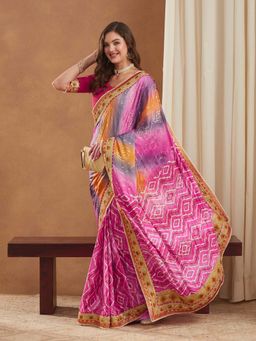 SERONA FABRICS - Pink Chiffon Bandhani Printed Half & Half Saree With Unstitched Blouse