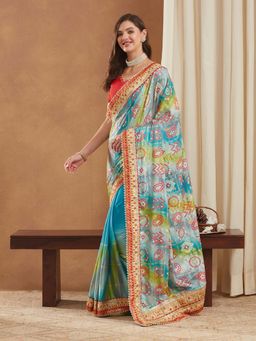SERONA FABRICS - Blue Chiffon Bandhani Printed Half & Half Saree With Unstitched Blouse