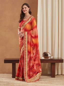 SERONA FABRICS - Red Chiffon Bandhani Printed Half & Half Saree With Unstitched Blouse