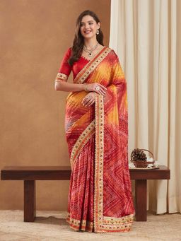 SERONA FABRICS - Red Chiffon Bandhani Printed Half & Half Saree With Unstitched Blouse