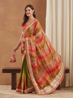 SERONA FABRICS - Olive Chiffon Bandhani Printed Half & Half Saree With Unstitched Blouse