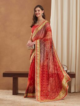 SERONA FABRICS - Red Chiffon Bandhani Printed Half & Half Saree With Unstitched Blouse