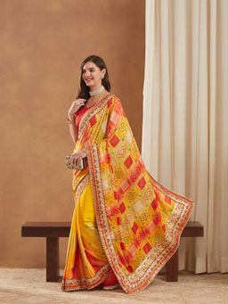 SERONA FABRICS - Yellow Chiffon Bandhani Printed Half & Half Saree With Unstitched Blouse