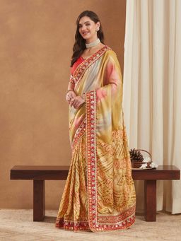 SERONA FABRICS - Beige Chiffon Bandhani Printed Half & Half Saree With Unstitched Blouse