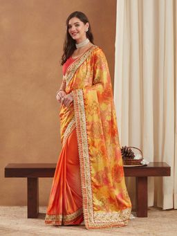 SERONA FABRICS - Orange Chiffon Bandhani Printed Half & Half Saree With Unstitched Blouse