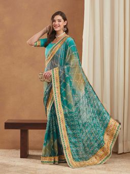 SERONA FABRICS - Blue Chiffon Bandhani Printed Half & Half Saree With Unstitched Blouse
