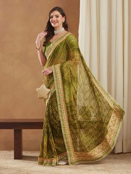 SERONA FABRICS - Olive Chiffon Bandhani Printed Half & Half Saree With Unstitched Blouse