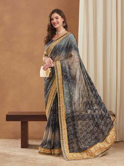 SERONA FABRICS - Grey Chiffon Bandhani Printed Half & Half Saree With Unstitched Blouse