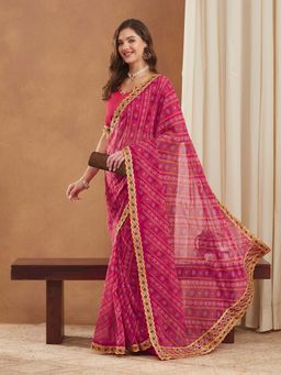 SERONA FABRICS - Pink Georgette Bandhani Printed Half & Half Saree With Unstitched Blouse