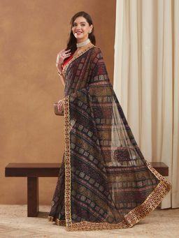 SERONA FABRICS - Black Georgette Bandhani Printed Half & Half Saree With Unstitched Blouse