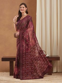 SERONA FABRICS - Burgundy Chiffon Bandhani Printed Half & Half Saree With Unstitched Blouse