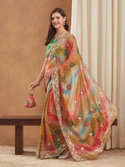SERONA FABRICS - Multi-Color Georgette Gota Printed Half & Half Saree With Unstitched Blouse
