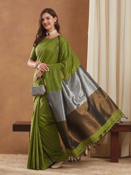 SERONA FABRICS - Olive Pure Cotton Tassels Handloom Saree With Unstitched Blouse