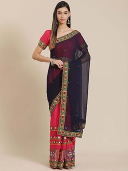 SERONA FABRICS - Pink Georgette Embroidered Half & Half Saree With Unstitched Blouse