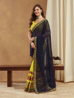 SERONA FABRICS - Yellow Georgette Embroidered Half & Half Saree With Unstitched Blouse