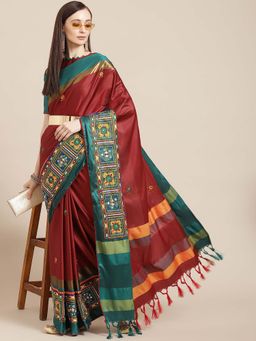 SERONA FABRICS - Red Cotton Silk Mirror Work Handloom Saree With Unstitched Blouse