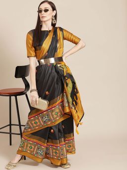 SERONA FABRICS - Black Cotton Silk Mirror Work Handloom Saree With Unstitched Blouse