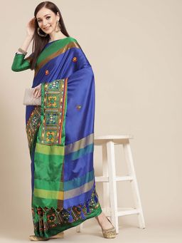 SERONA FABRICS - Blue Cotton Silk Mirror Work Handloom Saree With Unstitched Blouse