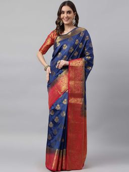 SERONA FABRICS - Navy Blue Banarasi Silk Woven Handloom Saree With Unstitched Blouse