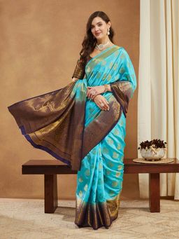SERONA FABRICS - Blue Banarasi Silk Woven Handloom Saree With Unstitched Blouse