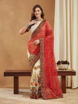 SERONA FABRICS - Red Georgette Bandhani Embroidered Half & Half Saree With Unstitched Blouse