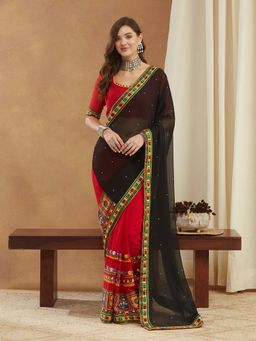 SERONA FABRICS - Red Georgette Mirror Work Embroidered Half & Half Saree With Unstitched Blouse