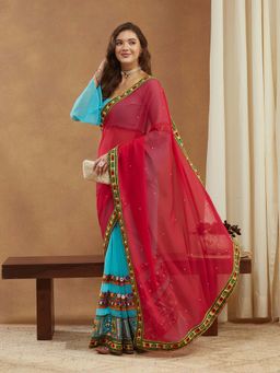 SERONA FABRICS - Blue Georgette Mirror Embroidered Half & Half Saree With Unstitched Blouse