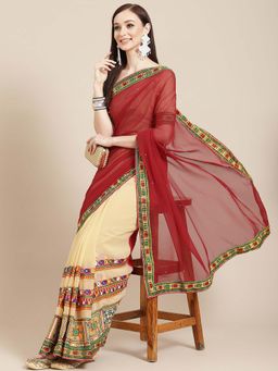 SERONA FABRICS - Cream Georgette Mirror Embroidered Half & Half Saree With Unstitched Blouse