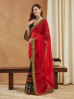 SERONA FABRICS - Black Georgette Mirror Embroidered Half & Half Saree With Unstitched Blouse