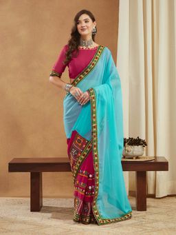 SERONA FABRICS - Pink Georgette Mirror Embroidered Half & Half Saree With Unstitched Blouse