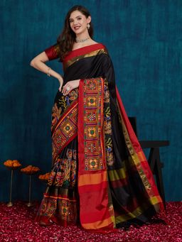 SERONA FABRICS - Black Cotton Silk Embroidered Handloom Saree With Unstitched Blouse