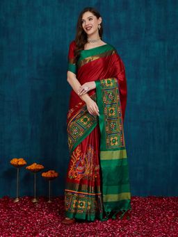 SERONA FABRICS - Red Cotton Silk Embroidered Handloom Saree With Unstitched Blouse