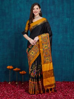 SERONA FABRICS - Black Cotton Silk Embroidered Handloom Saree With Unstitched Blouse