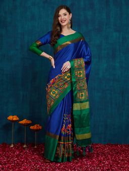 SERONA FABRICS - Blue Cotton Silk Embroidered Handloom Saree With Unstitched Blouse