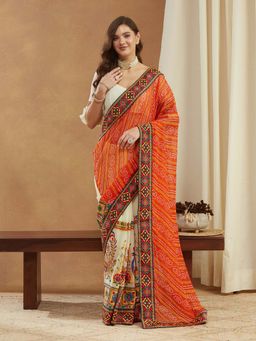 SERONA FABRICS - Orange Georgette Bandhani Embroidered Half & Half Saree With Unstitched Blouse