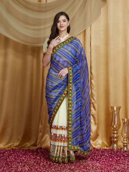 SERONA FABRICS - Blue Georgette Bandhani Embroidered Half & Half Saree With Unstitched Blouse