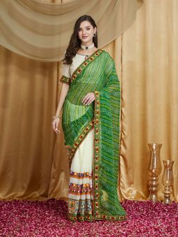 SERONA FABRICS - Green Georgette Bandhani Embroidered Half & Half Saree With Unstitched Blouse