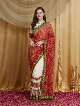 SERONA FABRICS - Red Georgette Bandhani Embroidered Half & Half Saree With Unstitched Blouse