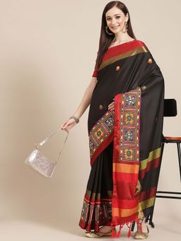 SERONA FABRICS - Black Cotton Silk Embroidered Handloom Saree With Unstitched Blouse