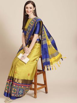 SERONA FABRICS - Yellow Cotton Silk Embroidered Handloom Saree With Unstitched Blouse