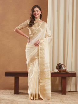 SERONA FABRICS - Cream Moonga Silk Woven Handloom Saree With Unstitched Blouse