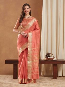 SERONA FABRICS - Peach Moonga Silk Woven Handloom Saree With Unstitched Blouse