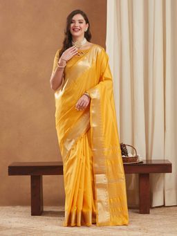 SERONA FABRICS - Yellow Moonga Silk Woven Handloom Saree With Unstitched Blouse