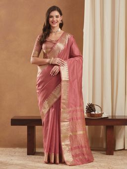 SERONA FABRICS - Pink Moonga Silk Woven Handloom Saree With Unstitched Blouse