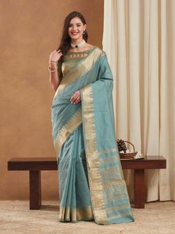 SERONA FABRICS - Aqua Moonga Silk Woven Handloom Saree With Unstitched Blouse