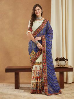 SERONA FABRICS - Blue Georgette Bandhani Embroidered Half & Half Saree With Unstitched Blouse