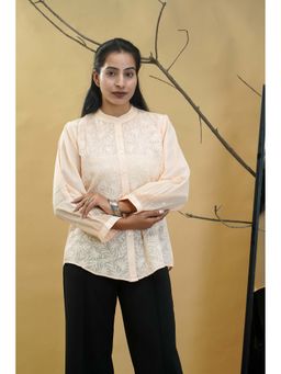 Shwet Heritage - Peach Mulmul Mandarin Neck Chikankari Embroidered Shirt