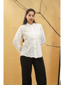 Shwet Heritage - White Mulmul Mandarin Neck Chikankari Embroidered Shirt